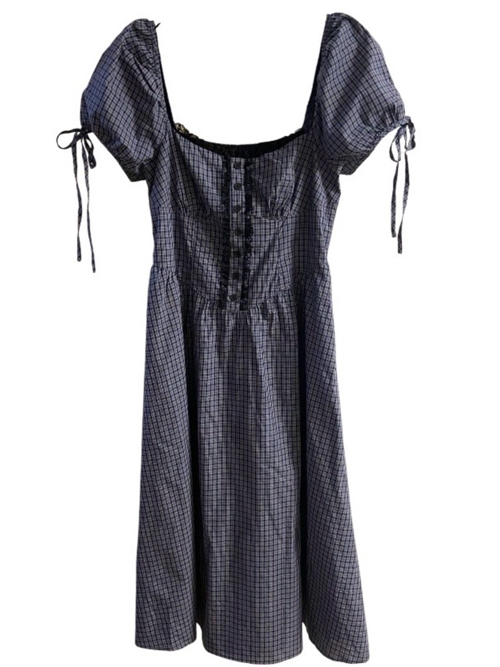 Cider Navy Checked Puff-Sleeve Midi Dress Large NWT - Picture 2 of 10